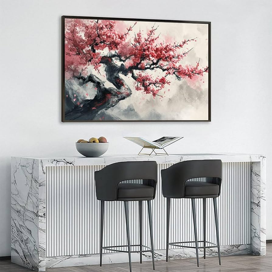 Amazon.co.jp: 絵画 桃の花の中国風水墨画インテリア 絵画 魅力
